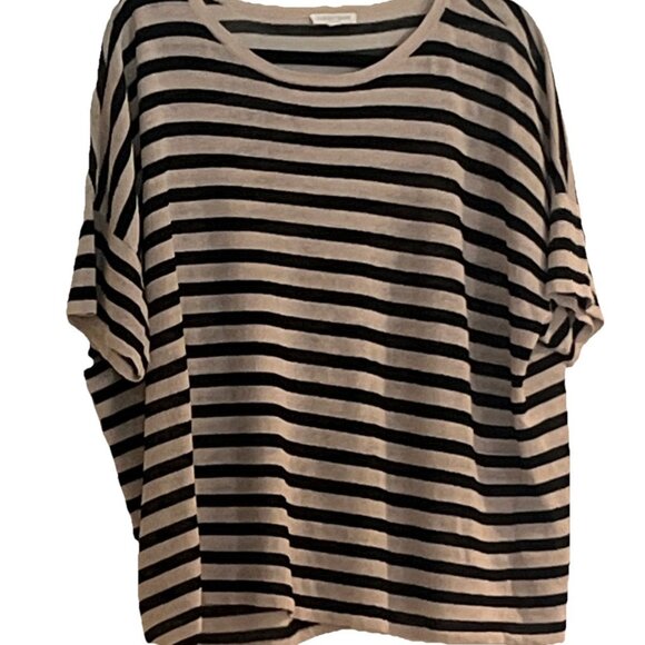 Eileen Fisher Woman Black and Beige Striped Round Neck Sweater Top Sz XL Linen - Picture 1 of 9
